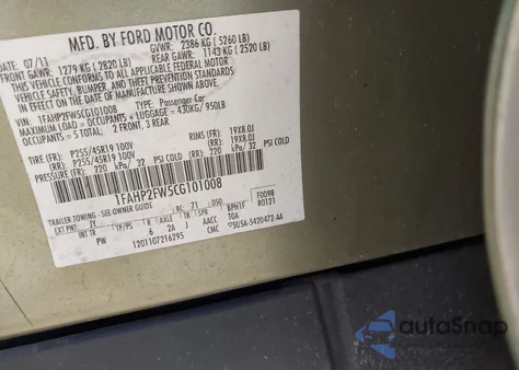 2012 Ford Taurus Limited из США, поврежденный, VIN 1FAHP2FW5CG101008